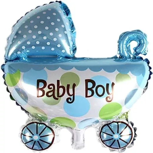 بالونه هيليوم شكل عربة بيبي ولد لون لبني بعبارة baby boy balloon