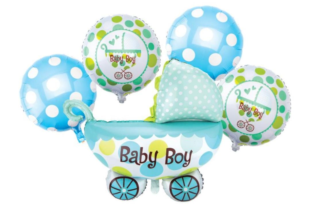 مجموعة بالونات 5 قطع فويل لحفله سبوع ولد شكل عرابيه بيبي لون لبني