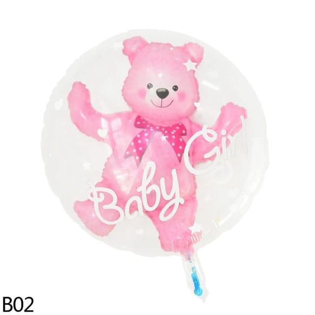بالونه فويل شفافه بداخلها دبدوب بينك لحفلة سبوع بنت خامه عالية بعبارة بيبي بوي