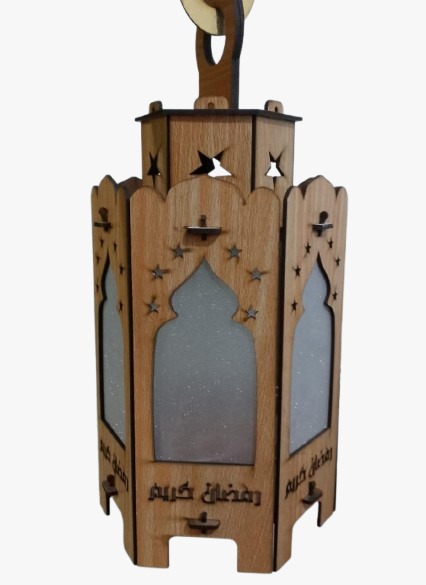 فانوس رمضان كريم خشب مدور بوحدة صوت واضوء
