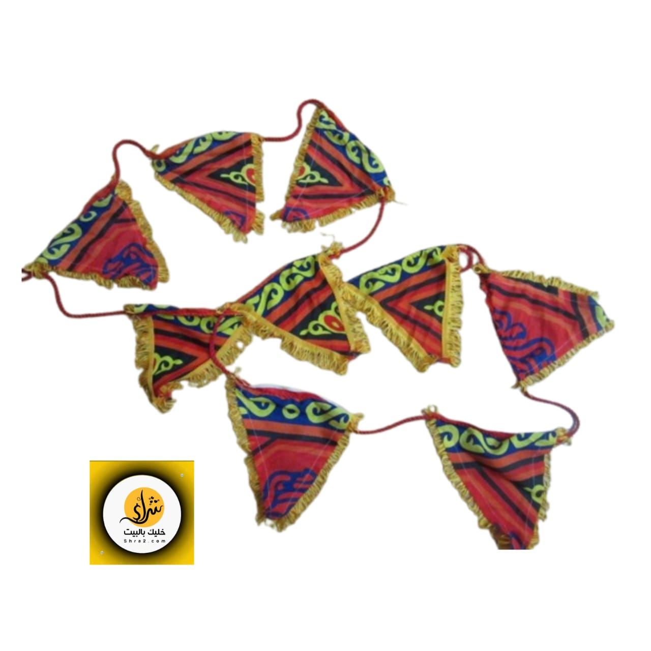 بانر زينة رمضان قماش خيايمه لون احمر بشراشيب لون جولد