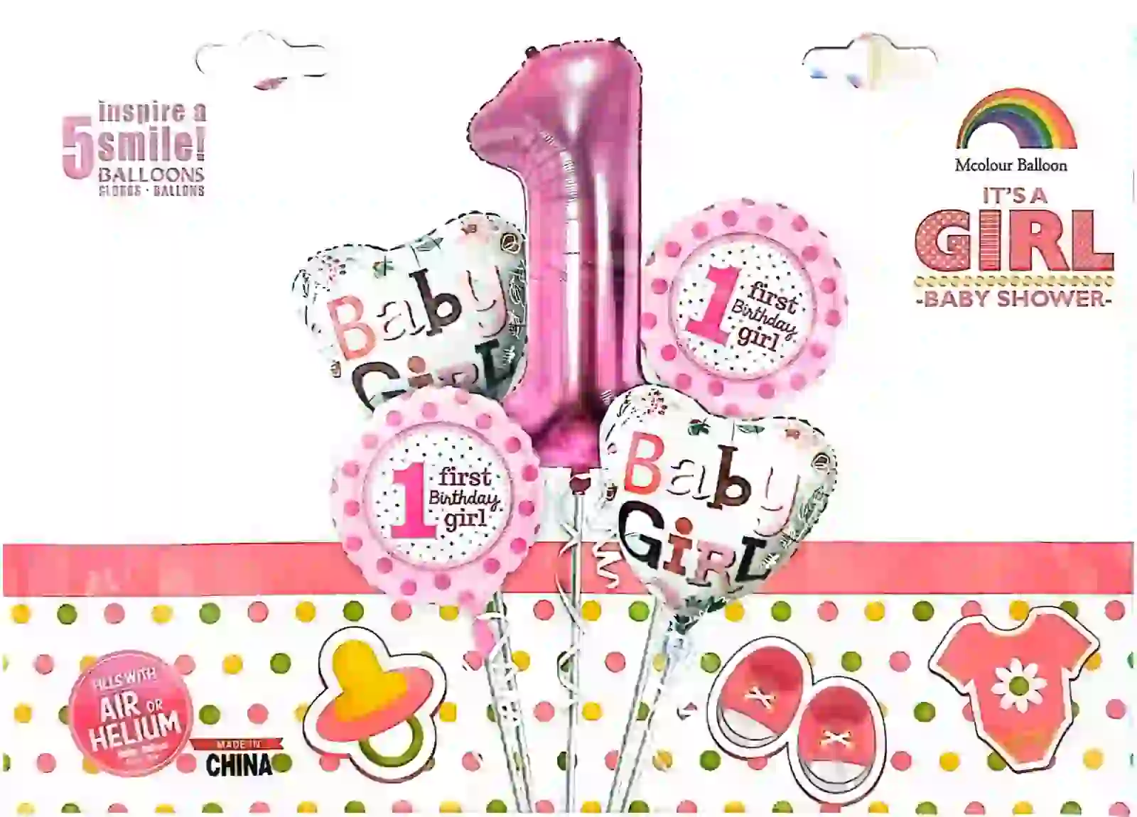 1st Birthday Balloon Set – Baby Girl – Pink – 5 Pieces