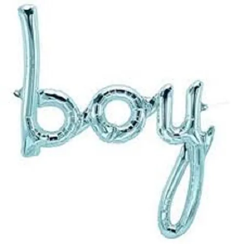 "Foil balloon for a baby shower, baby boy theme, light blue color with the word 'Boy' attached
