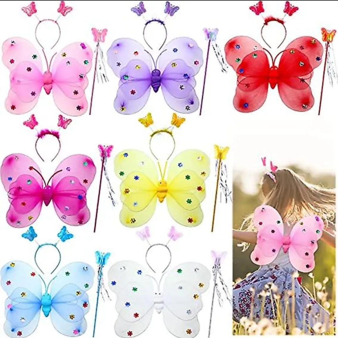 طقم ملابس تنكري على شكل فراشة مكون من جناحات فراشة وطوق شعر وعصا